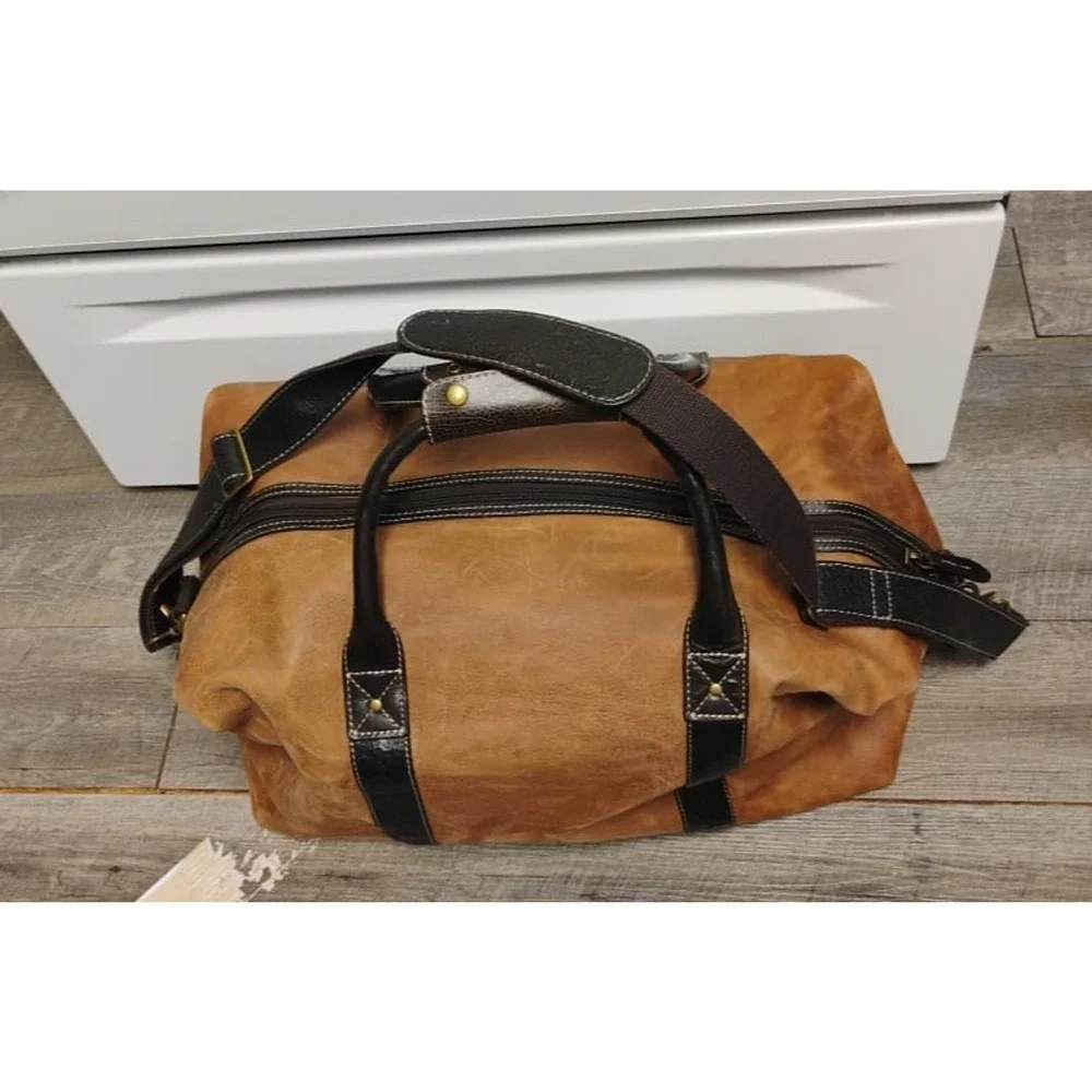 Vintage 90s Timberland Brown 100% Leather Duffle Bag Carry On Weekender Strap